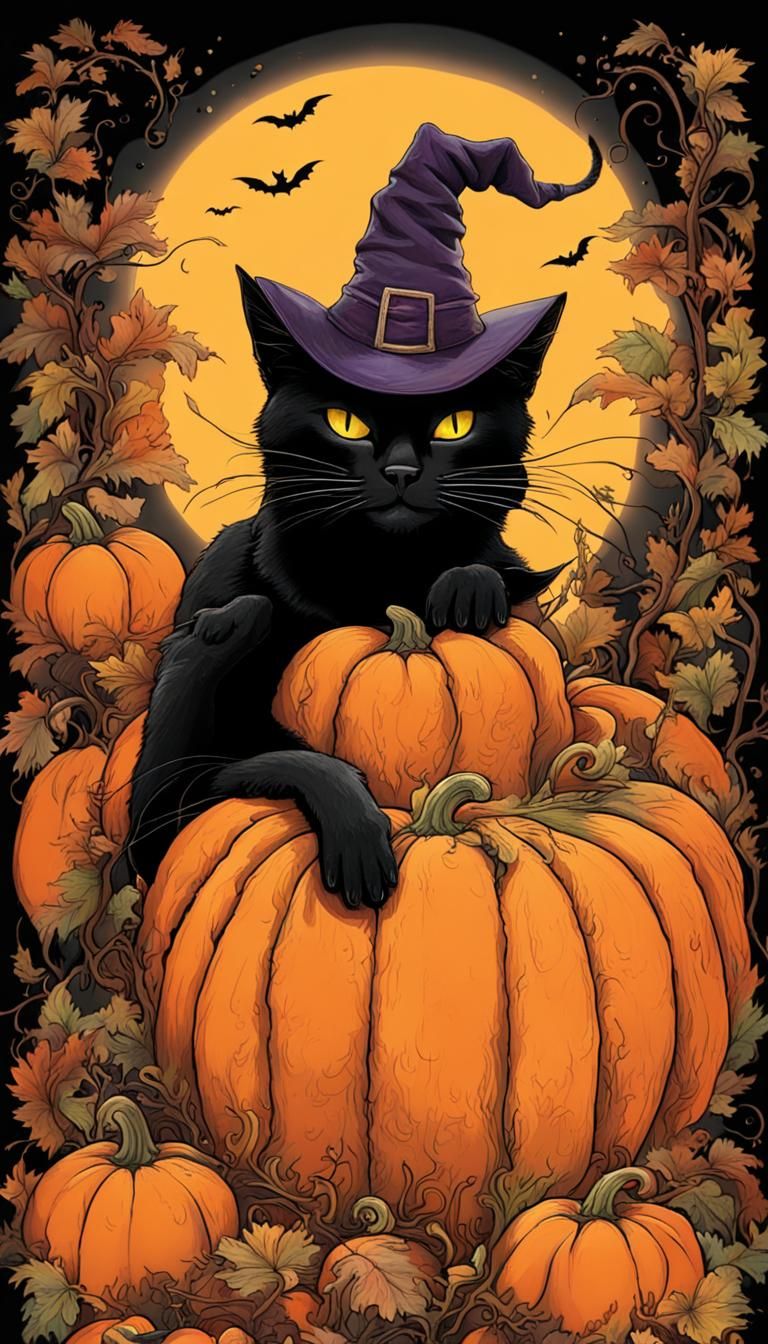 Cat in Pumpkin: Halloween Jack-o'-Lantern Scene