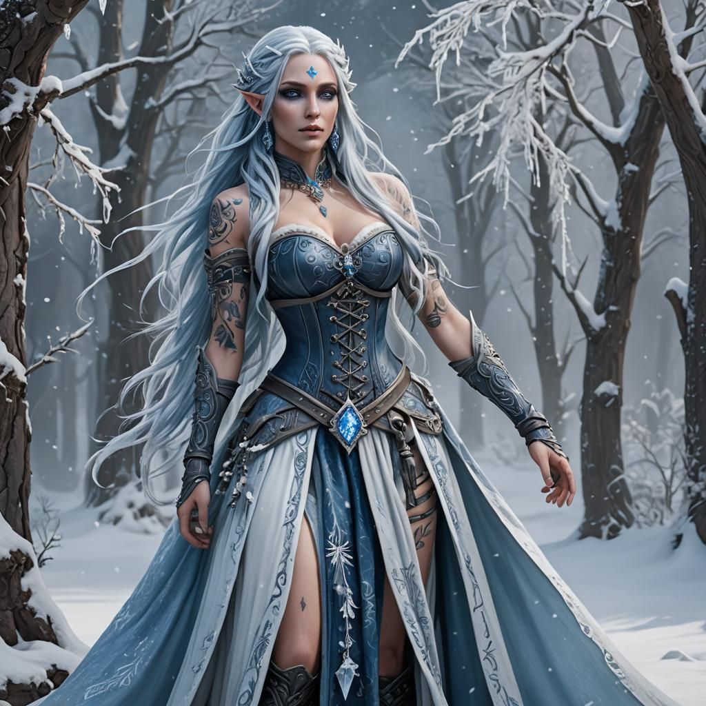 Winter Eladrin Bard with Blue Skin and Tattoos