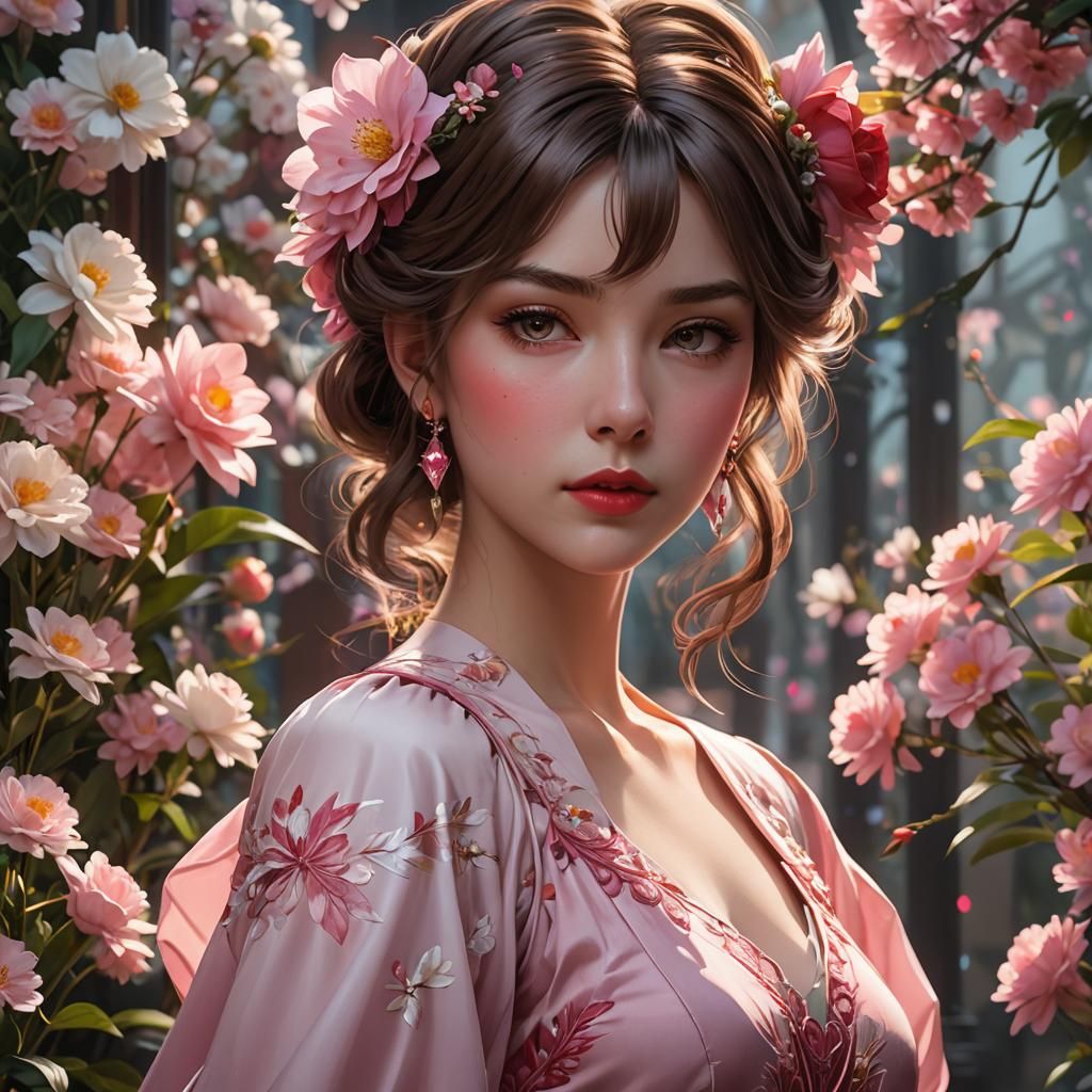 Anime Woman Portrait with Flowers, Hyperdetailed Art