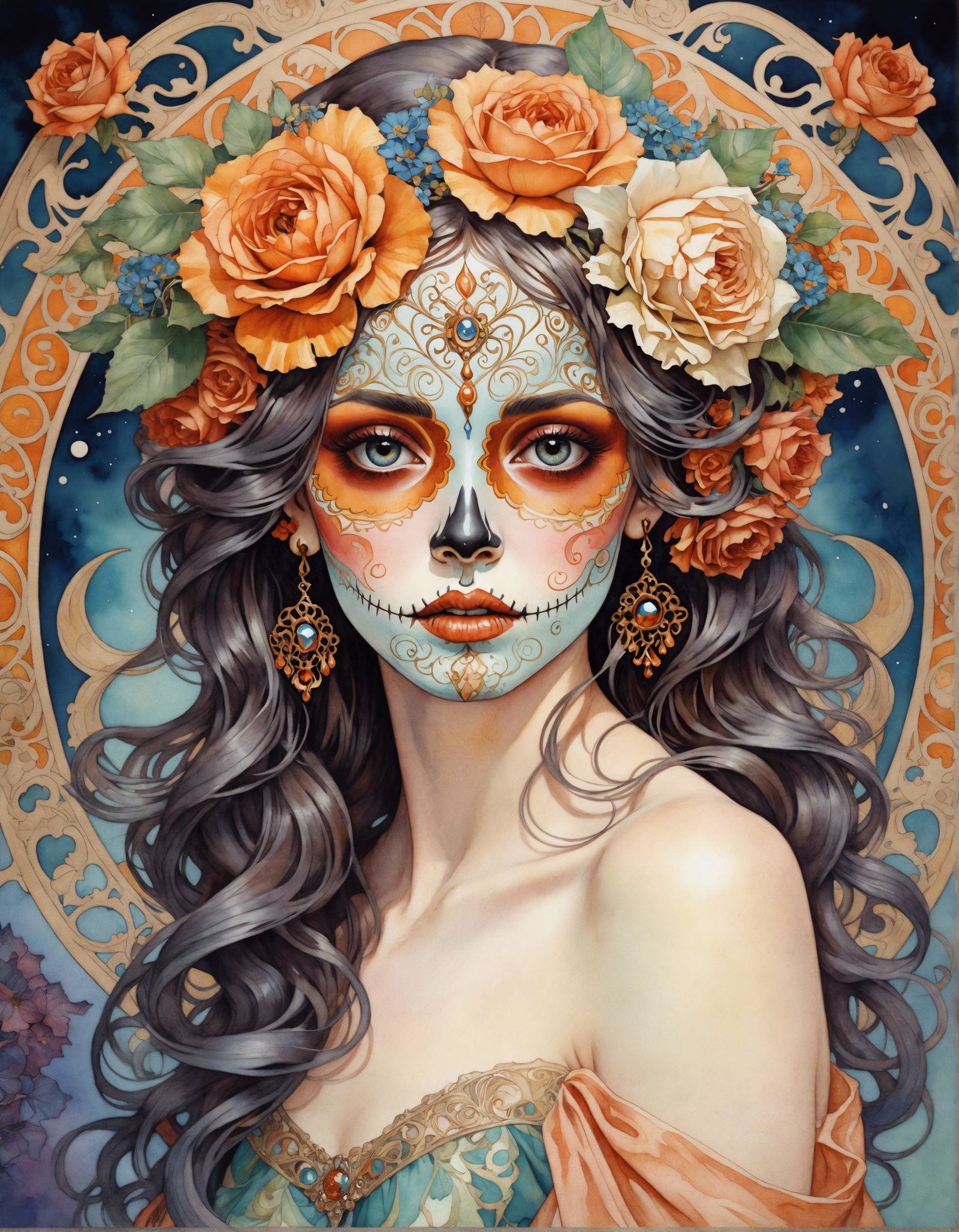 Day of the Dead Beauty in Watercolor Style