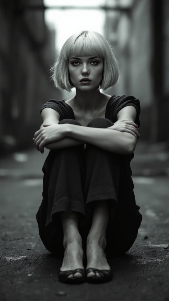 Striking Woman in Urban Setting: Black and White Photography