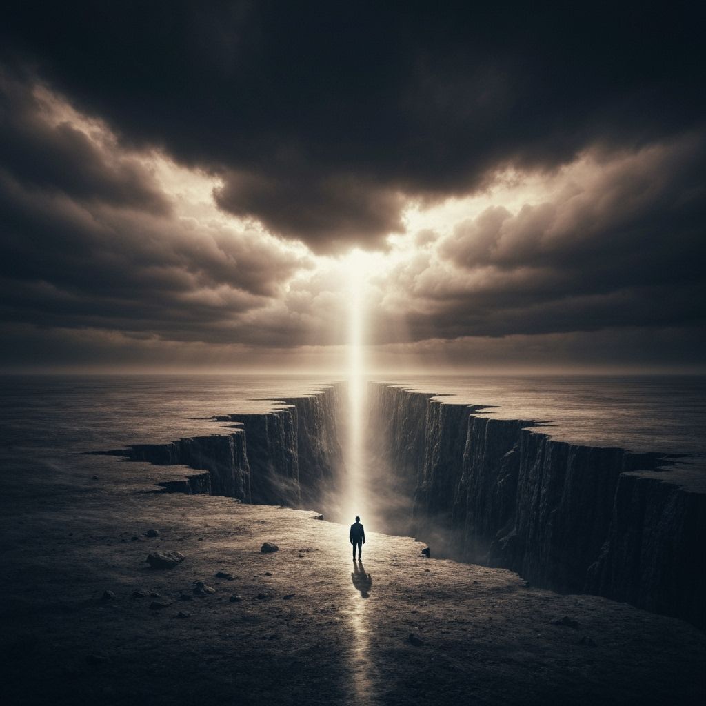 Lone Figure at Chasm Precipice Under Stormy Sky