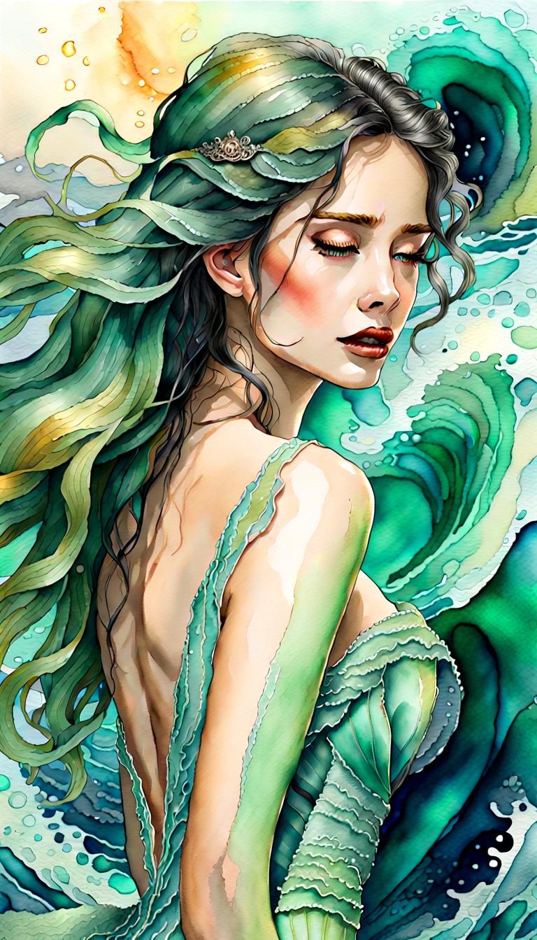 Seductive Siren Singing to Shipwreck in Watercolor