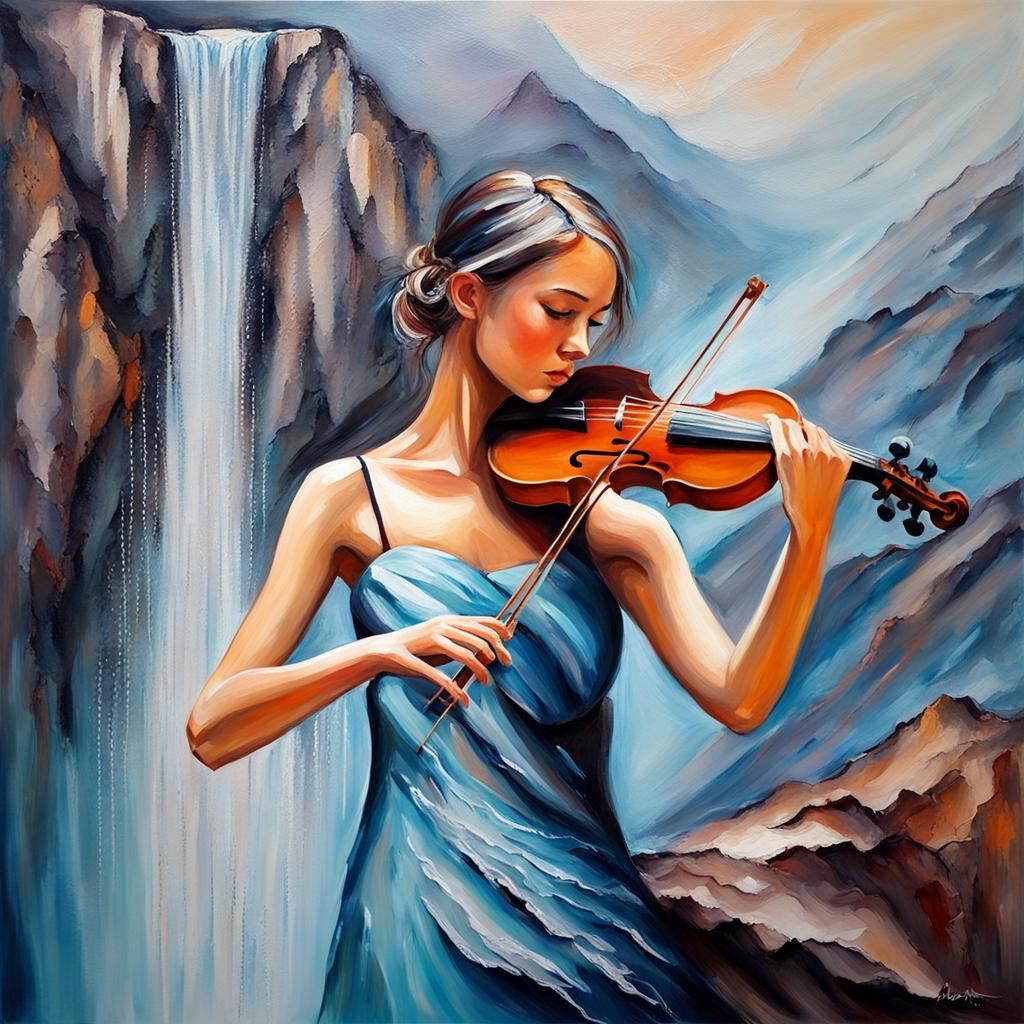 Girl Playing Violin in Waterfall, Impasto Painting