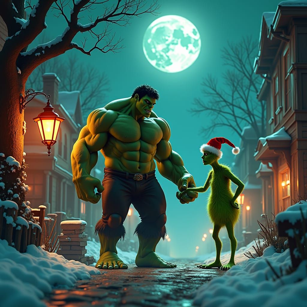 Hulk and Grinch in Whimsical Matte Painting