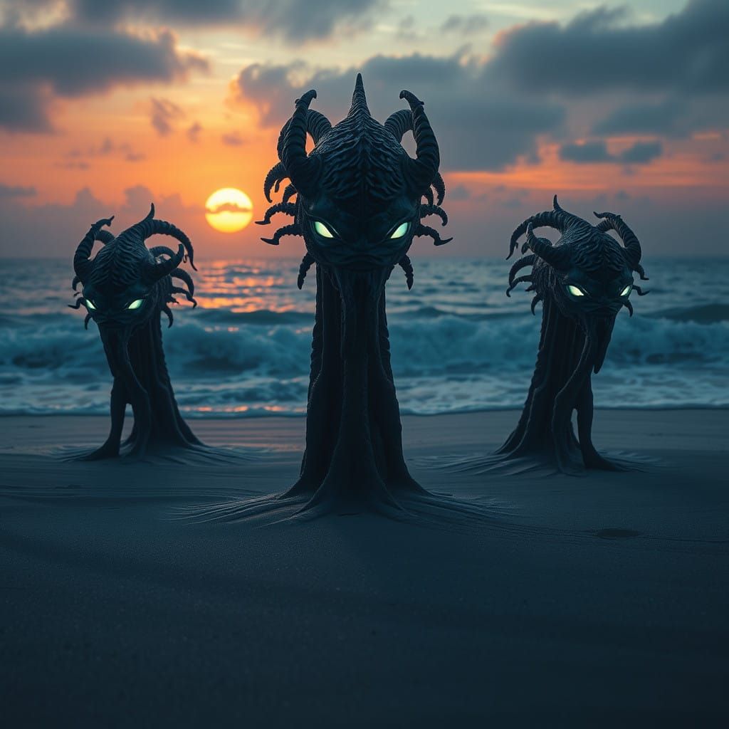 Mysterious Beach Creatures Emerge in Ethereal, Surreal Scene
