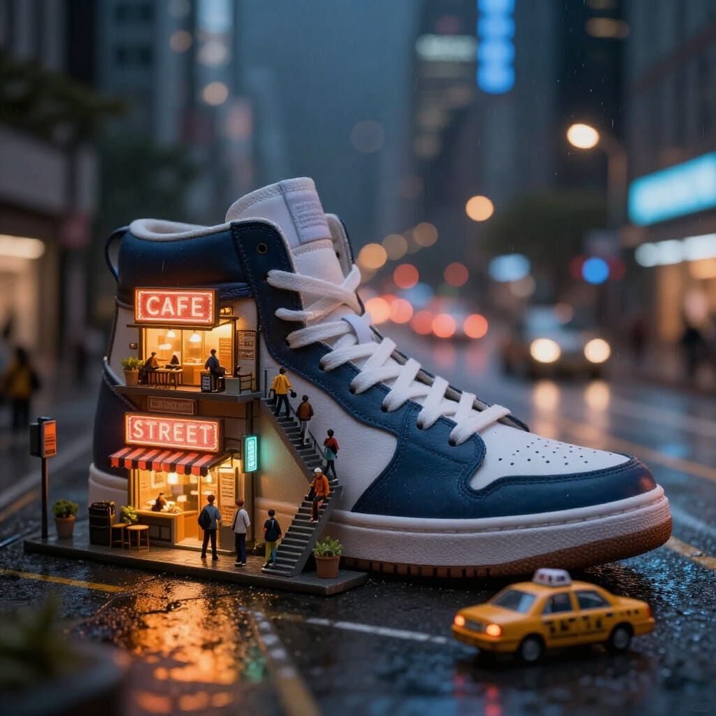 Miniature City Inside a Giant Sneaker at Night