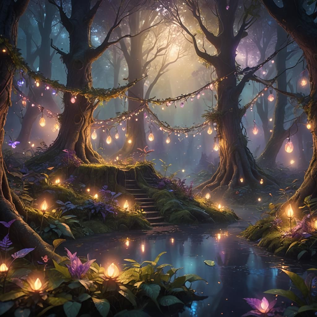 Dreamlike Forest Party with Fantasy Creatures