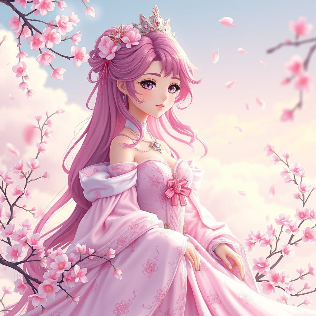 Princess in Vibrant Pink Hair and Pastel Gown Amid Cherry Bl...
