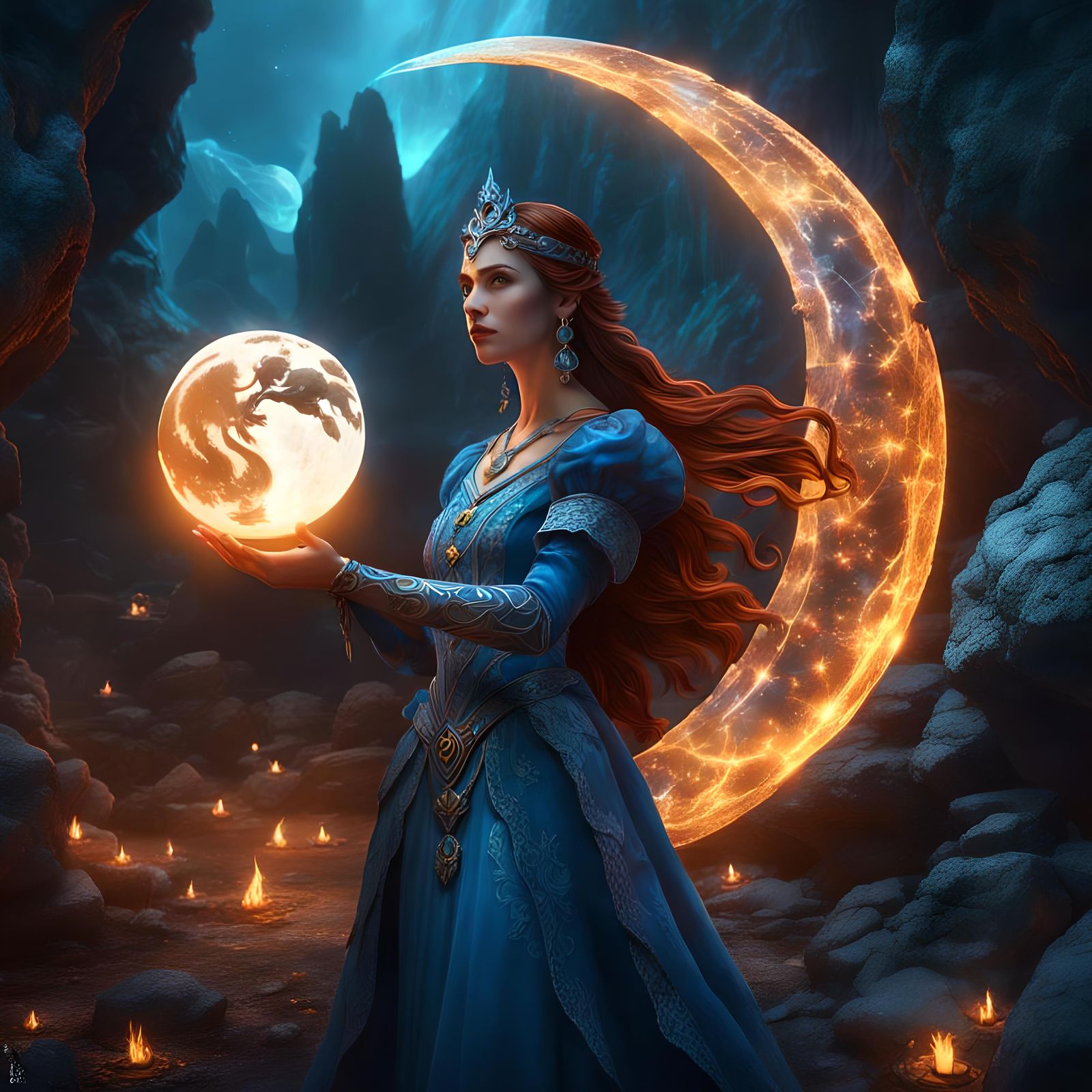 Enchanting Sorceress Holding Moon and Fire in Crystal Cave