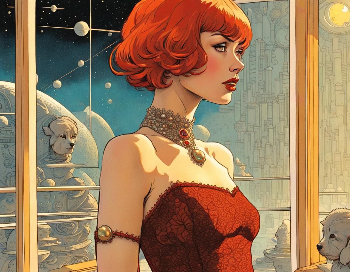 Queen in Spaceship with Dog: Retrofuturist Sci-Fi Art