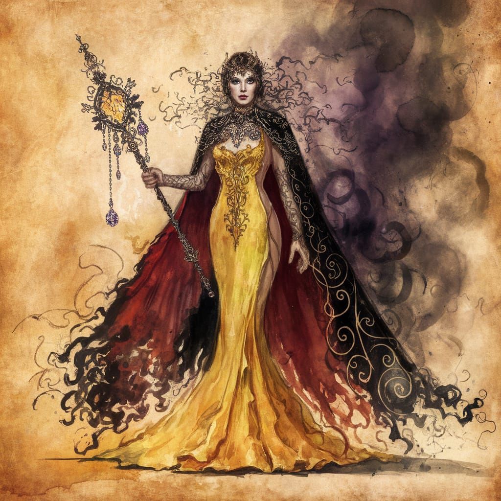 Gothic Goddess Emerges from Ink Splatter and Watercolor