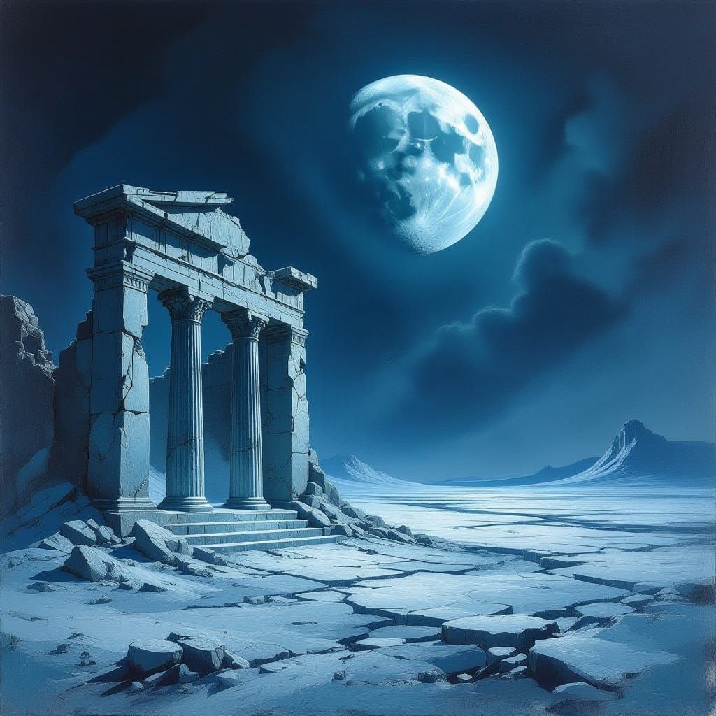 Ominous Expressionist Temple on Pluto with Charon