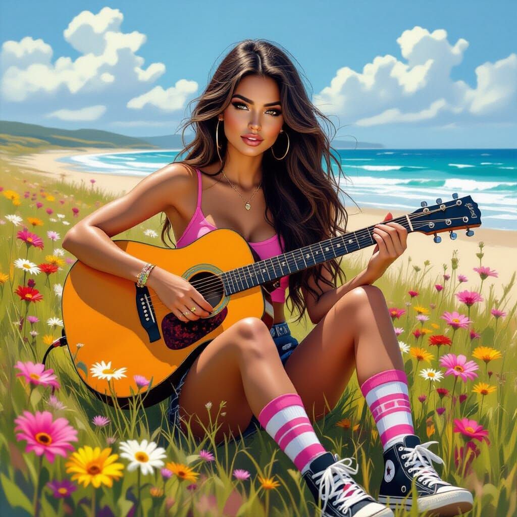 Woman Playing Guitar in Field with Beach View