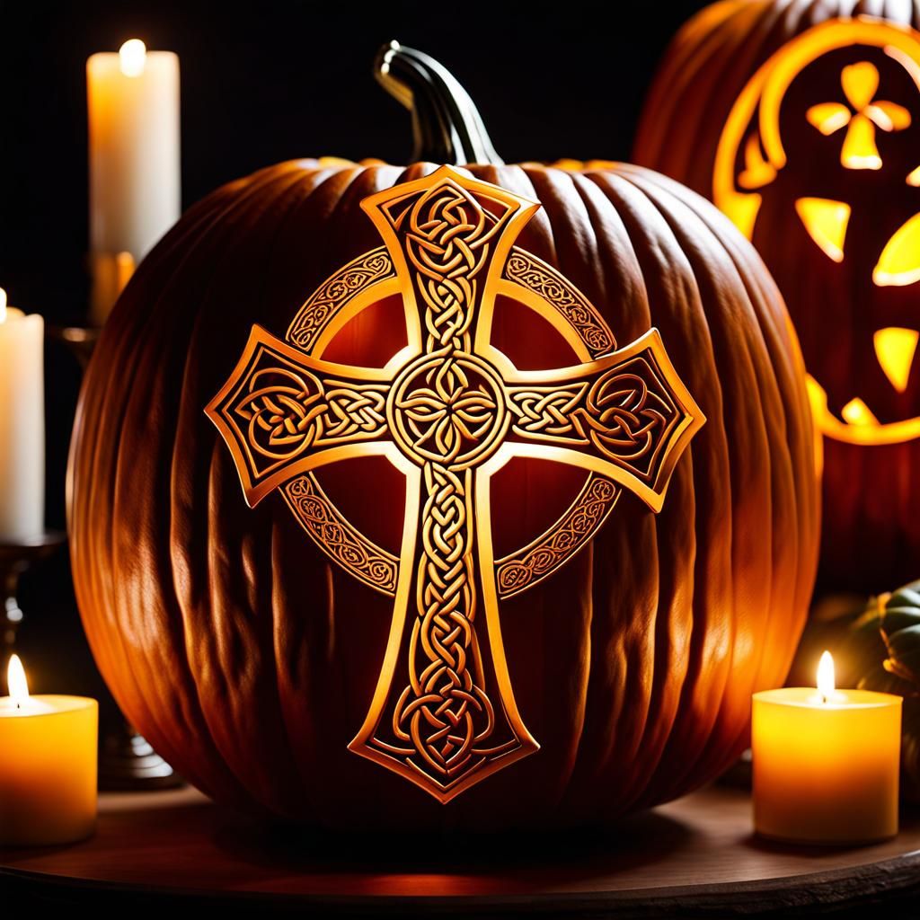 Intricate Celtic Cross Carved in Pumpkin