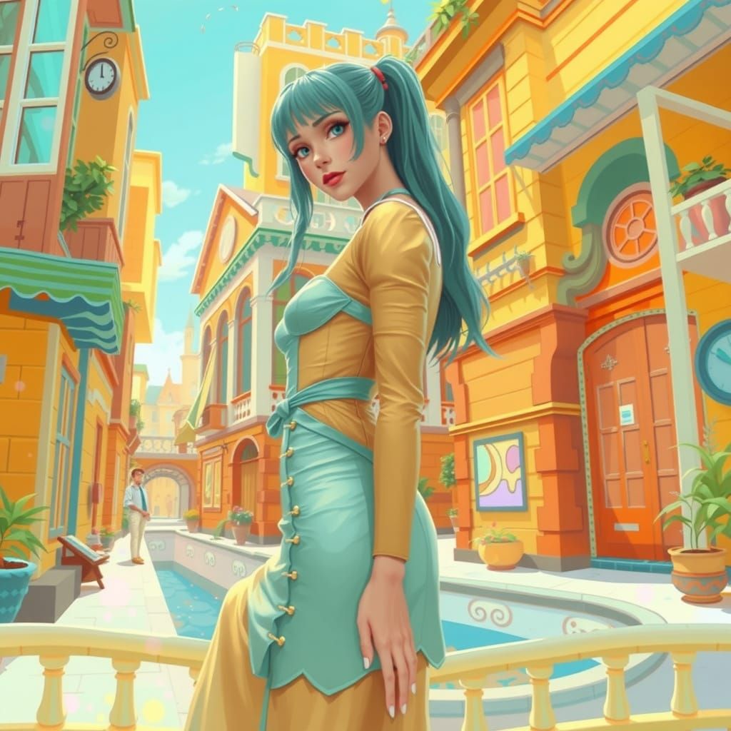 Victorian Lady on Castle Balcony in Morning Breeze