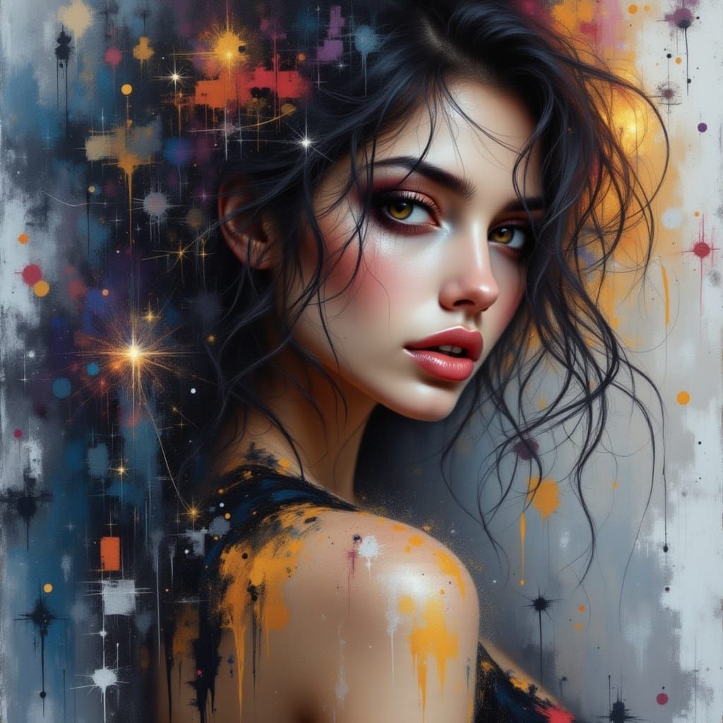 Gorgeous Woman in a Starlight Gown, Painted in Thick, Textur...