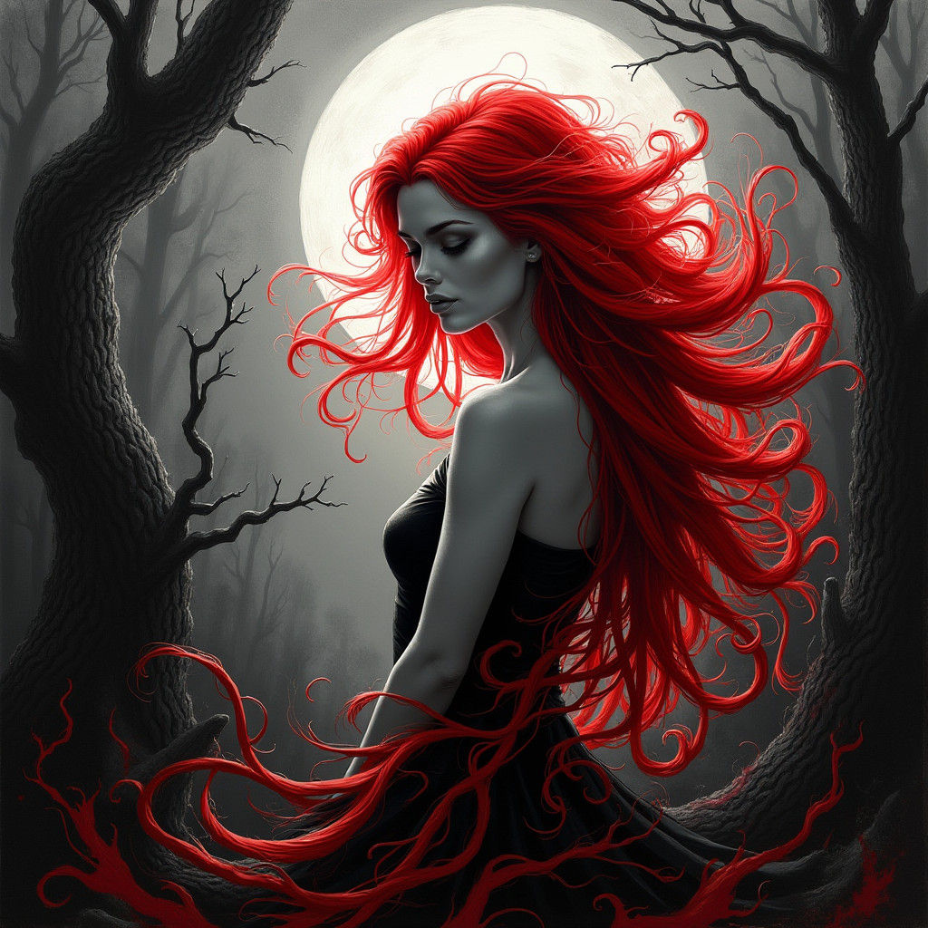 Vibrant Red Hair Goddess in the Moonlit Misty Woods