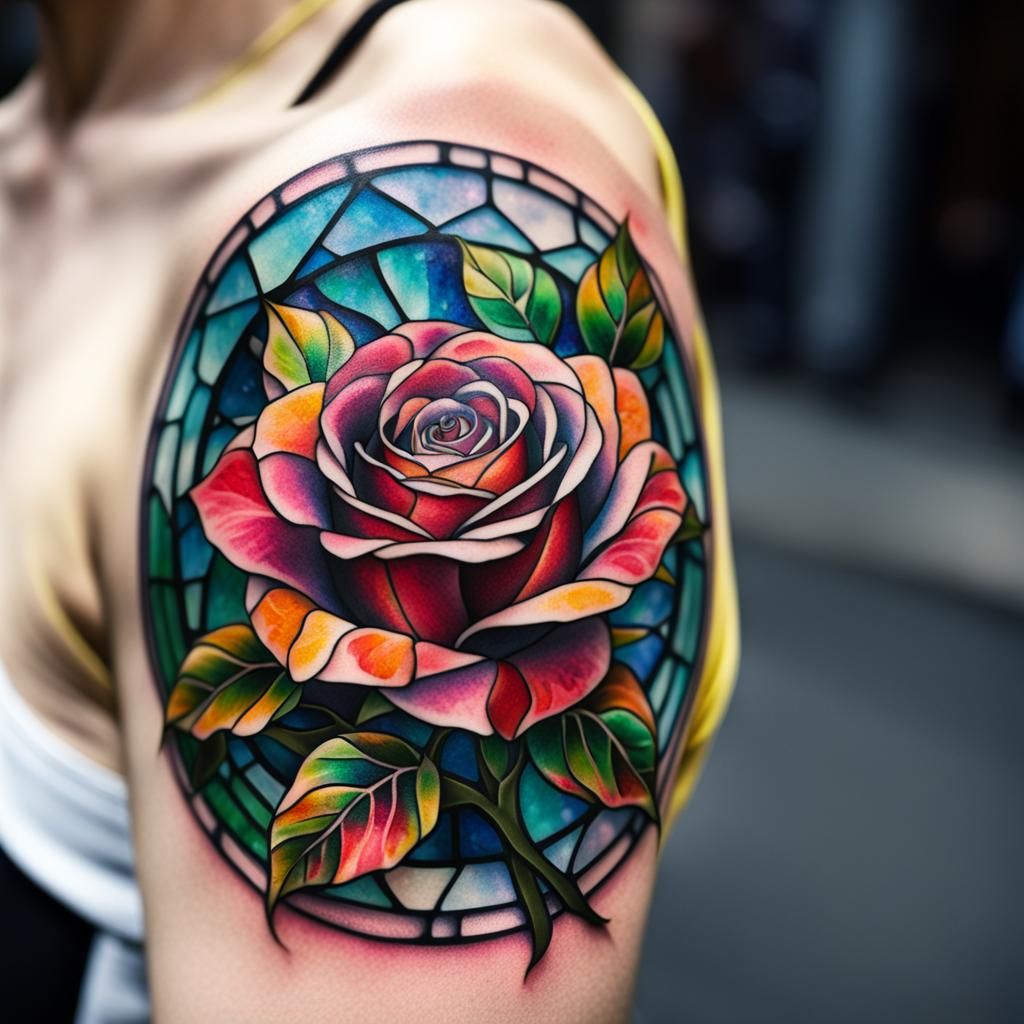 Stained Glass Rose Tattoo Close-Up