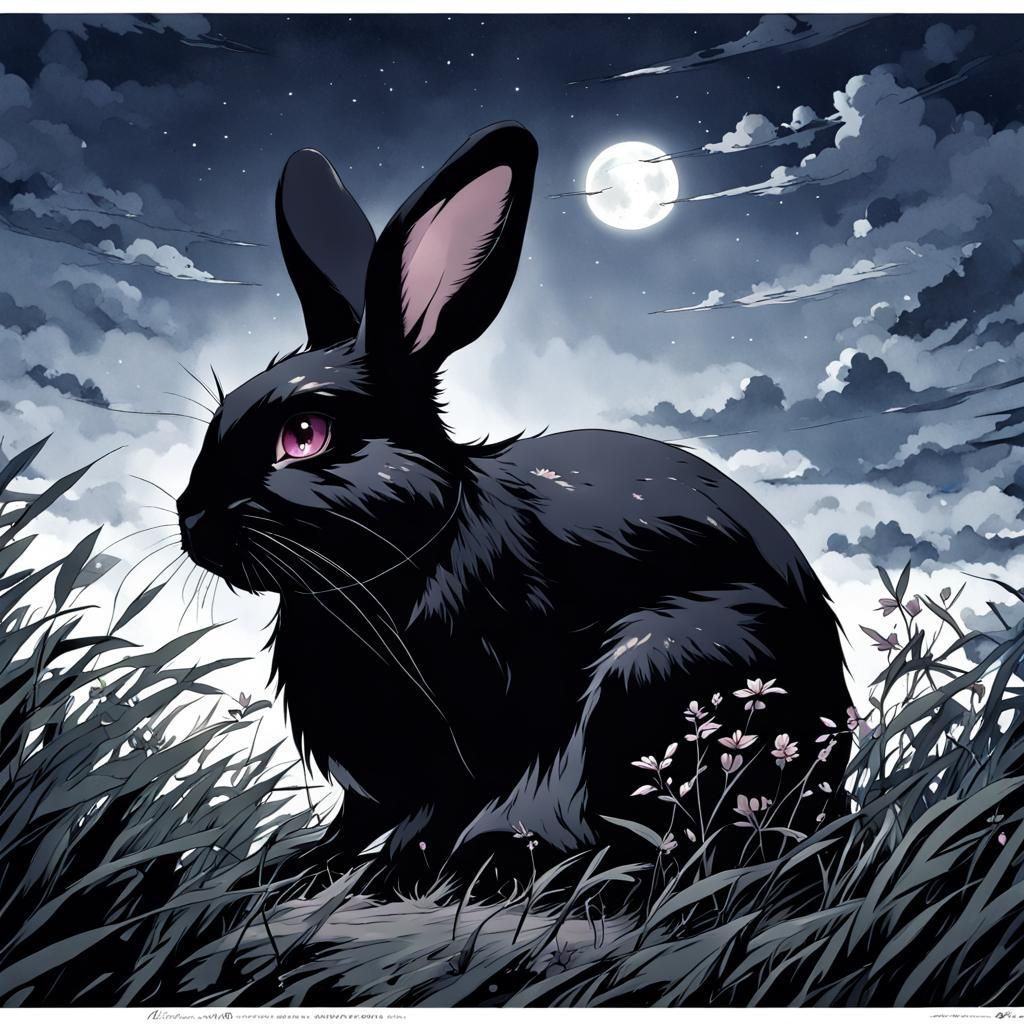 Black Rabbit in Anime Style Under Moonlight