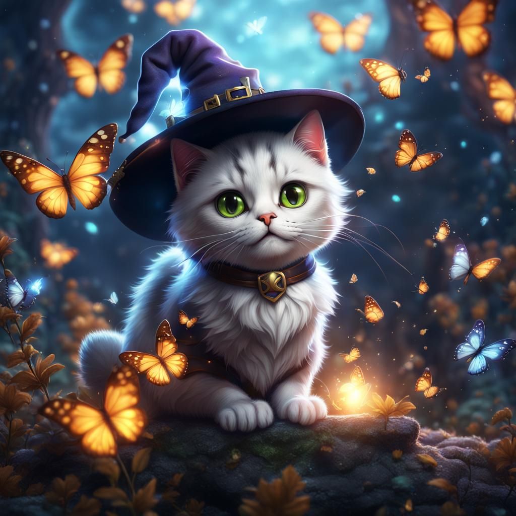 Cute Cat Witch with Glowing Butterflies