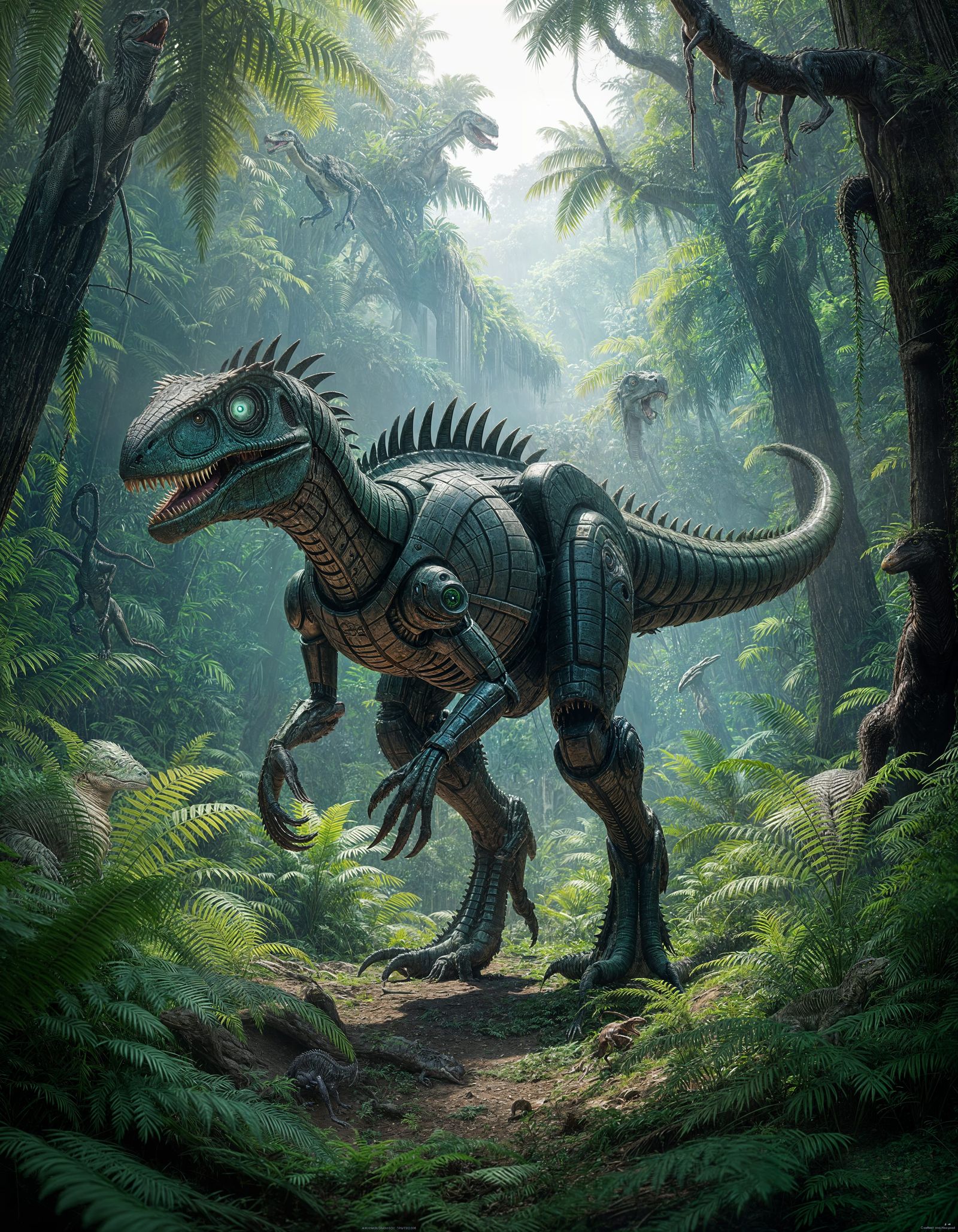 Biomechanical Velociraptor Stalks Through Jurassic Jungle