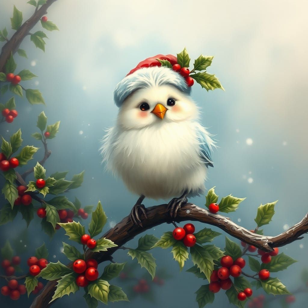 Whimsical Winter Bird in Santa Hat