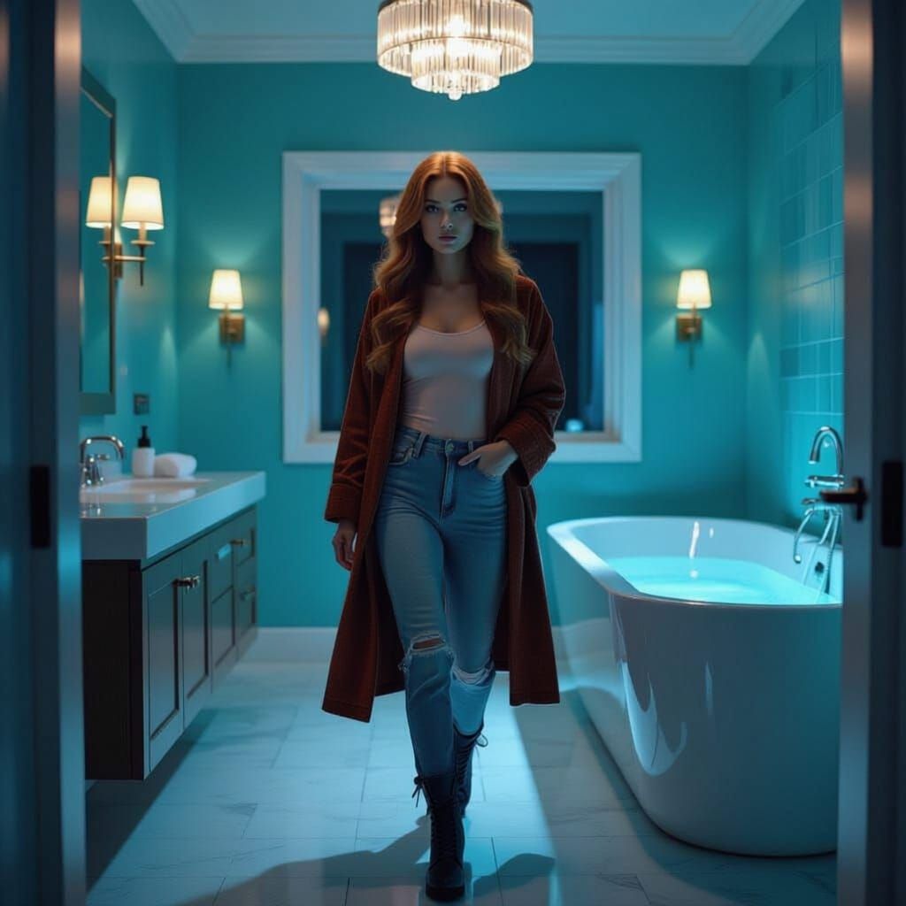 Modern Detective Woman in Luxury Bathroom at Night