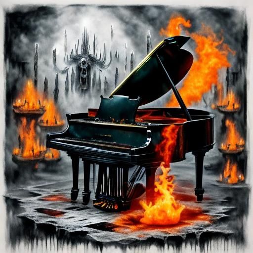 Macabre Burning Piano Demon in Orange Mist