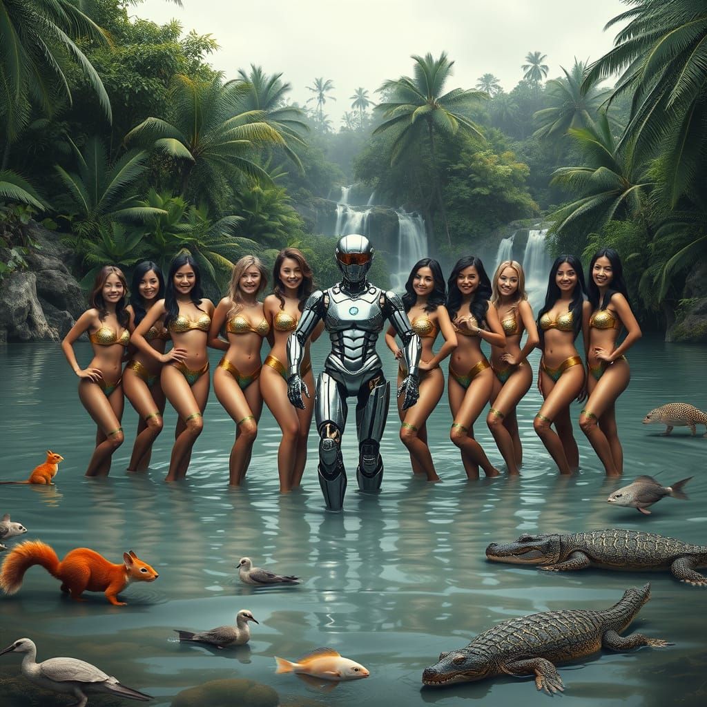 Tropical Futuristic Gathering in Shallow Lake Water