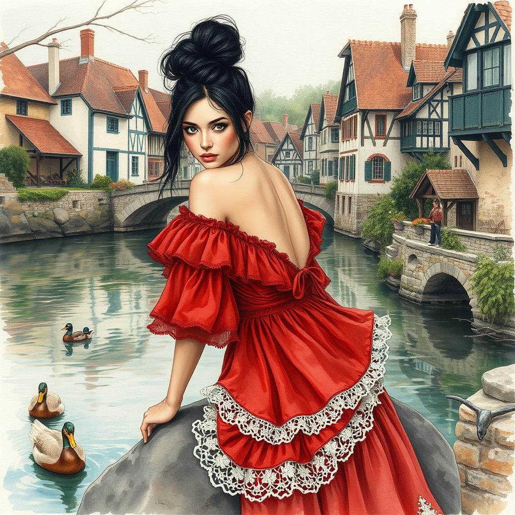 a stunning woman, black hair, messy bun, red boho style clot...