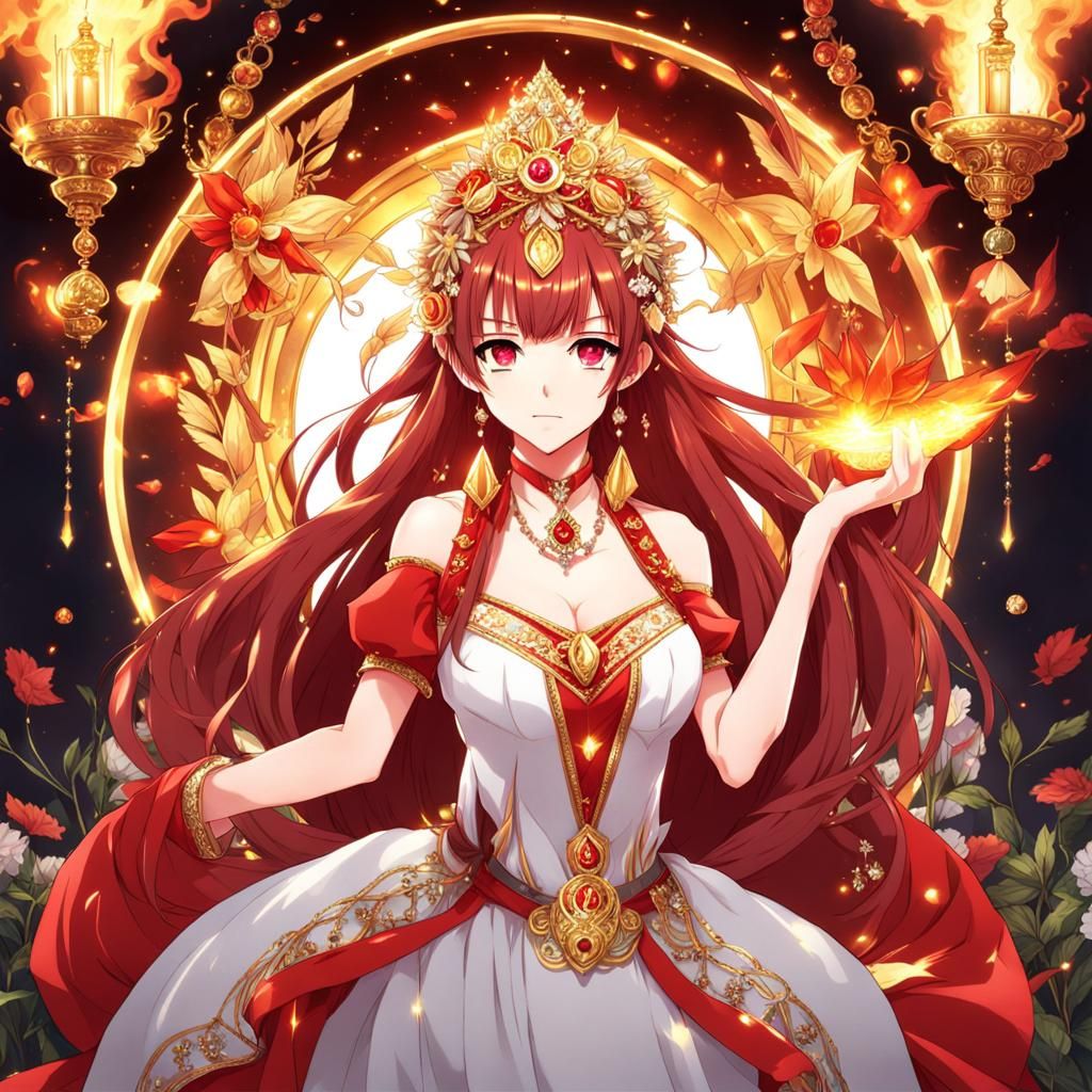Anime Woman with Red Hair and Embers Eyes