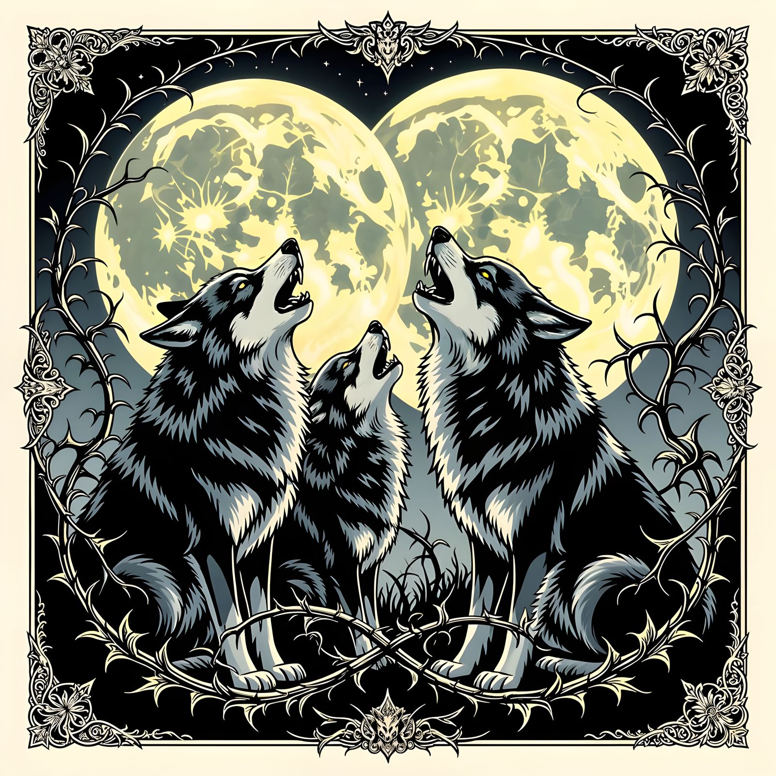 Mystical Wolves Tattoo Sheet with Vines and Moons