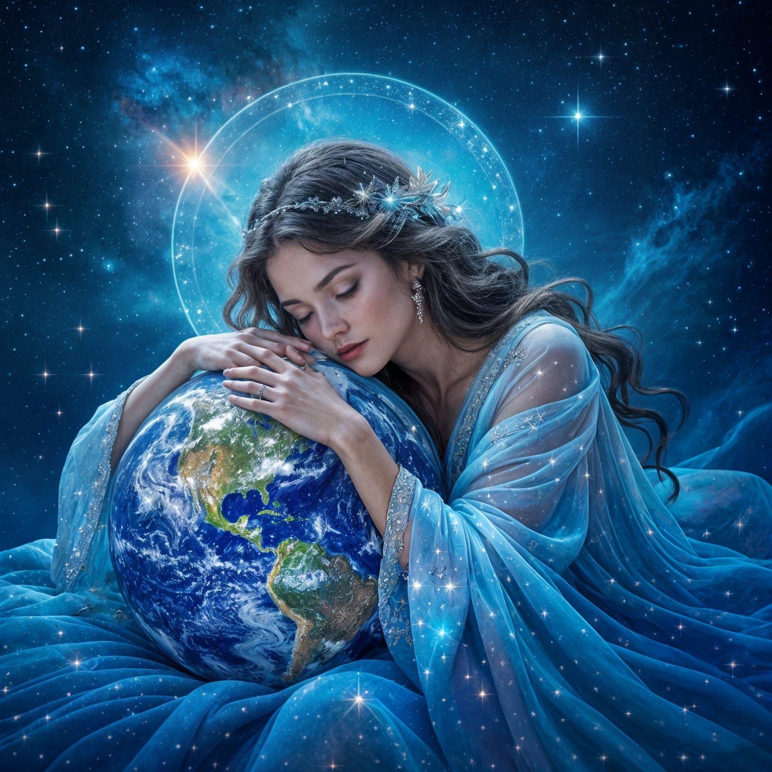 Goddess of Starry Sky Embraces Earth in Cosmic Harmony
