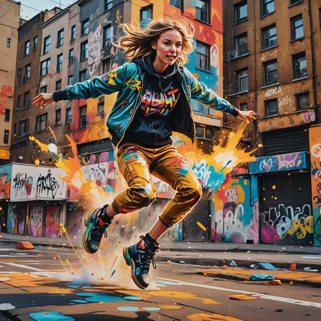 Figure Skater's Graffiti Jump: Street Art Style