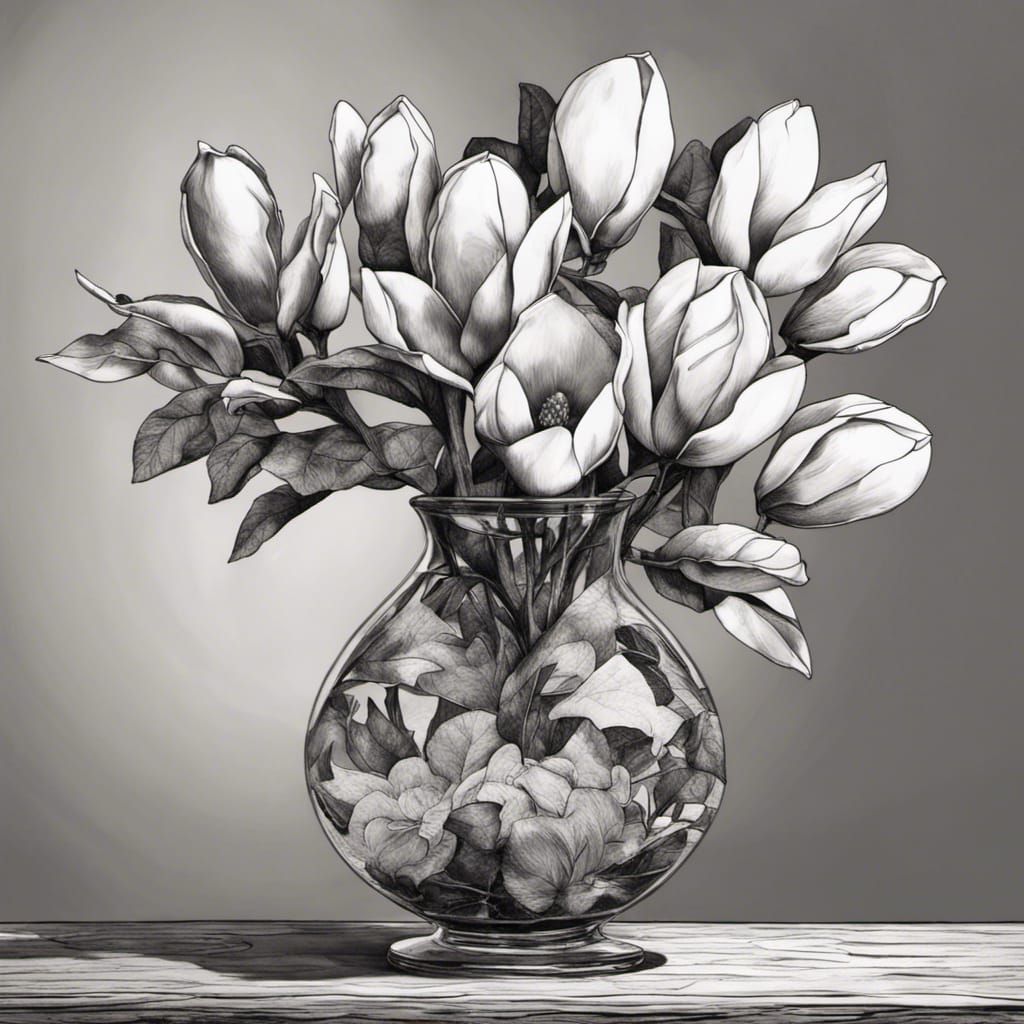 Hyperrealistic Magnolia Flowers in Etched Glass Vase