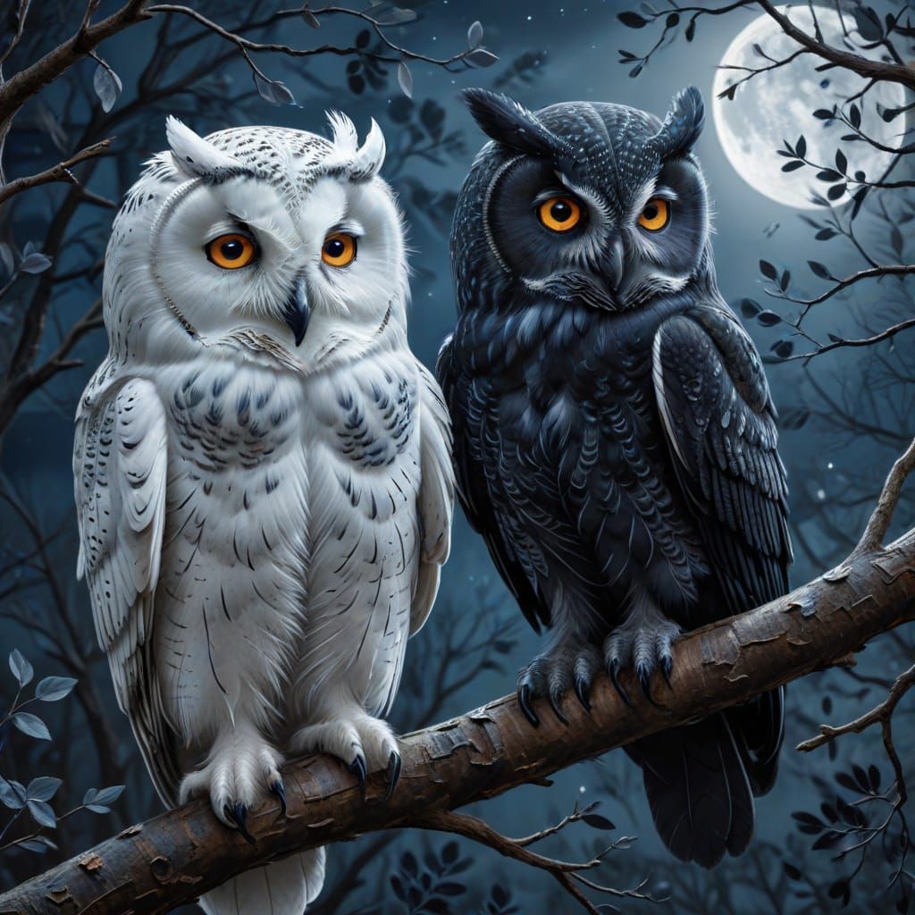 White and Black Owls on a Limb in Oil Paint