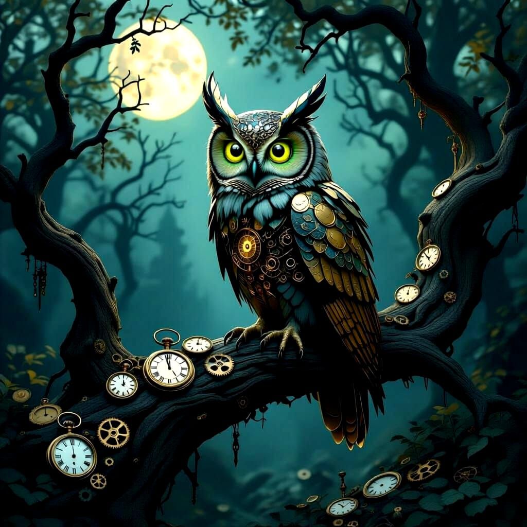 Clockwork Owl in Surreal Moonlit Forest