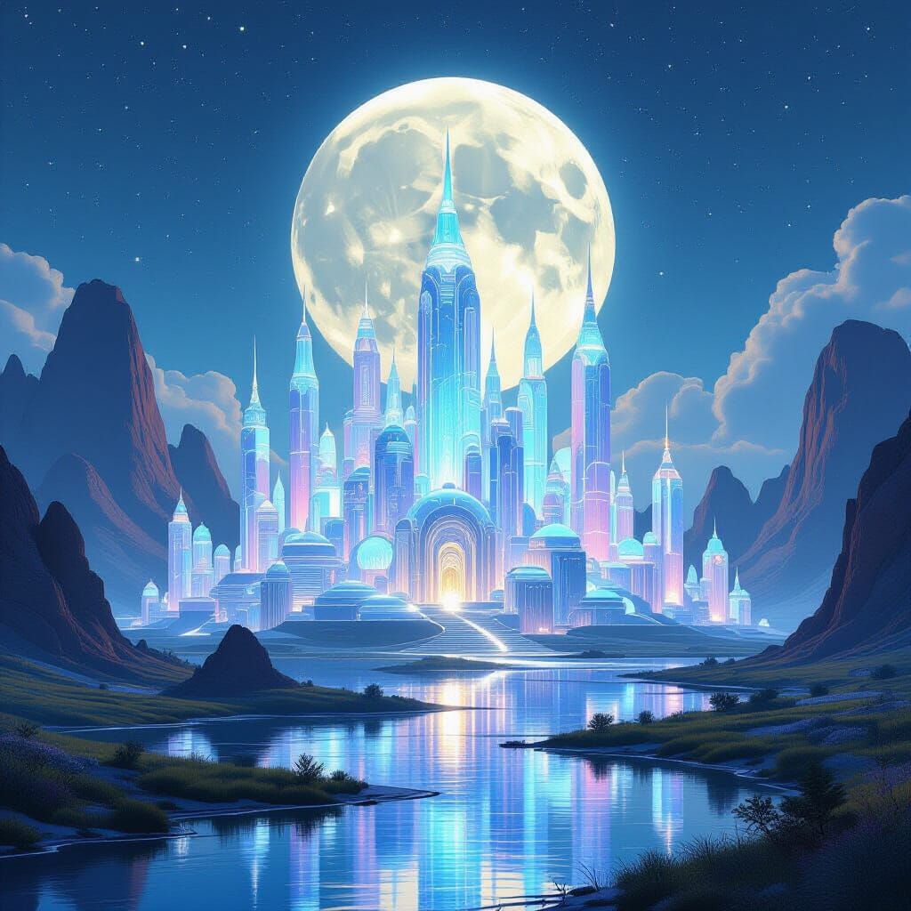 Iridescent Metropolis in Alien Landscape, Digital Art