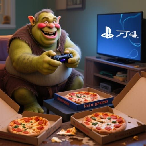 Obese Ogre Plays PlayStation Surrounded by Pizza