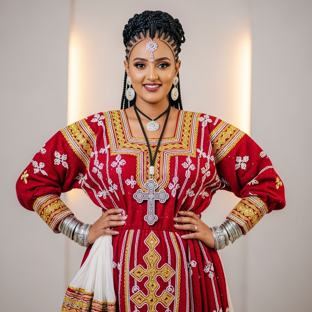 Woman in Red and Gold Habesha Kemis