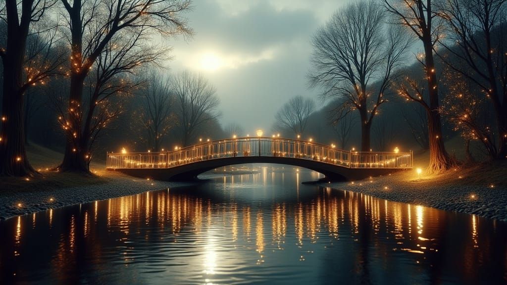 Hyperrealistic Bridge Over River in Moody Cinematic Style