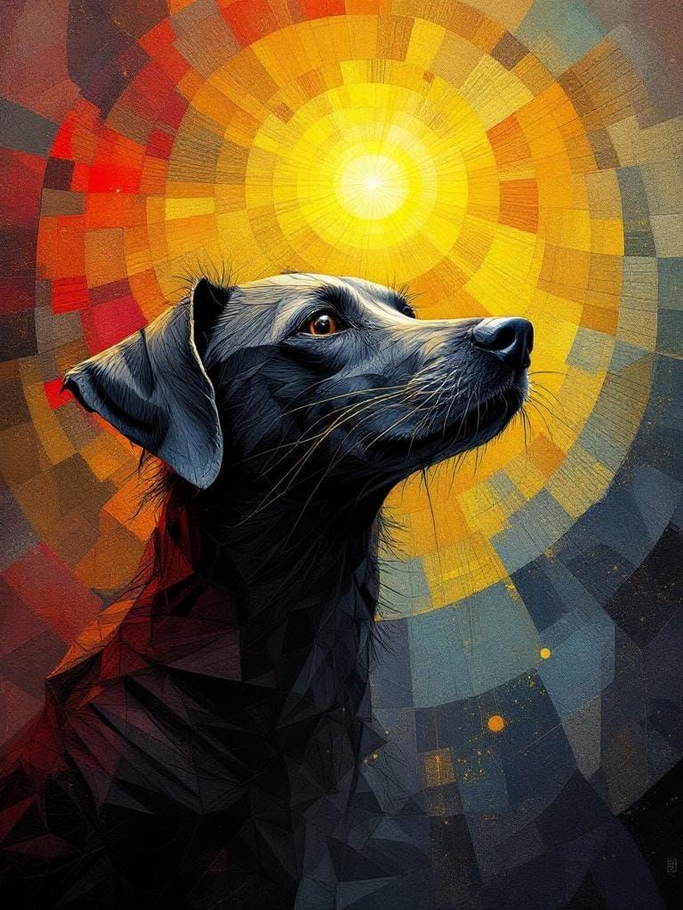 Dog in Sunlight: Geometric Fae Art on Canvas