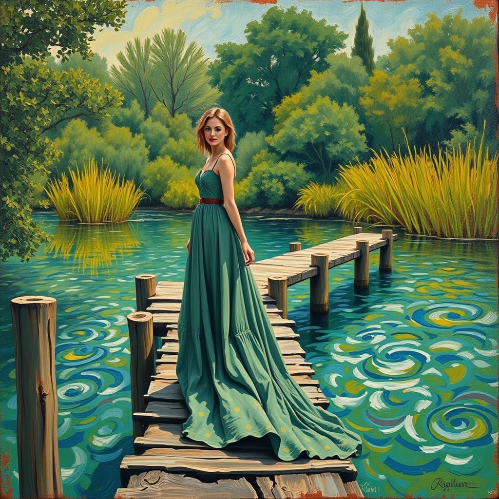 Elegant Woman on Dock in Van Gogh Style
