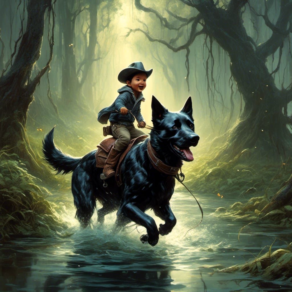 Baby Cowboy Rides Dog in Stormy Swamp