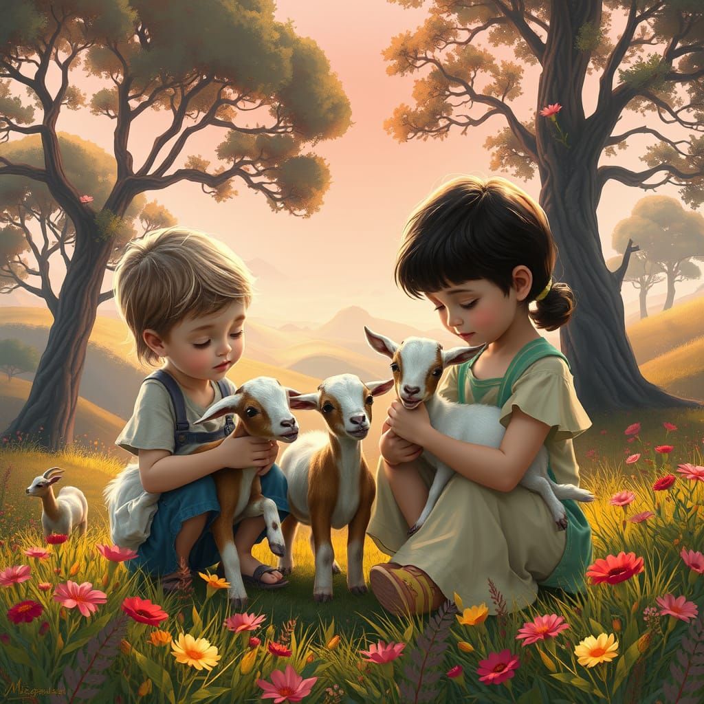 Whimsical Baby Goats in Enchanted Landscape