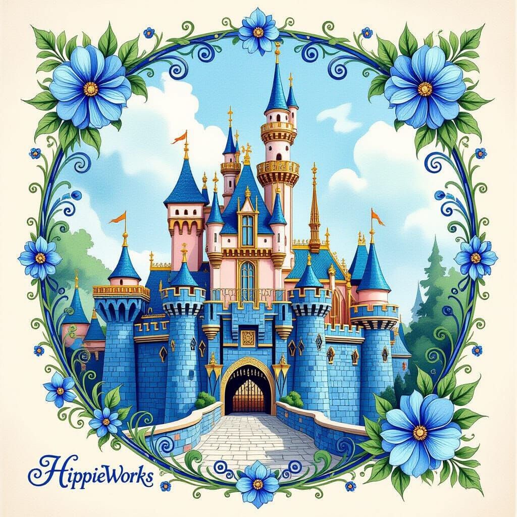 Majestic Blue Castle with Gold Accents in Fantasy Style