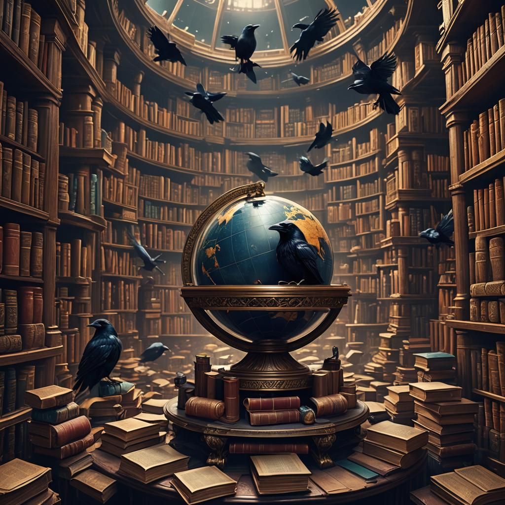 Raven in Globe Amidst Books: Detailed Matte Painting