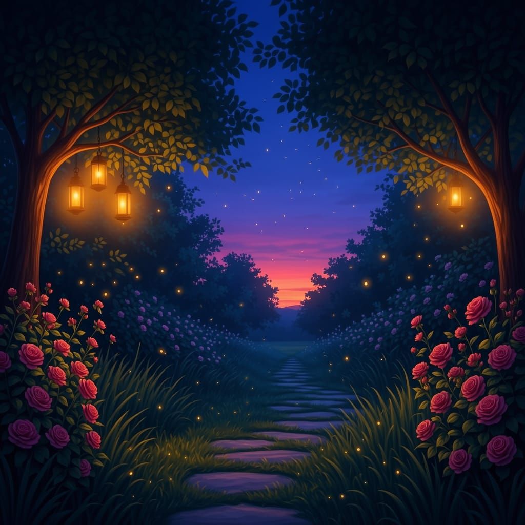 Tranquil Garden at Twilight with Lanterns and Fireflies