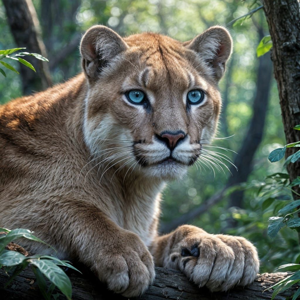 Puma with Piercing Blue Eyes on a Branch